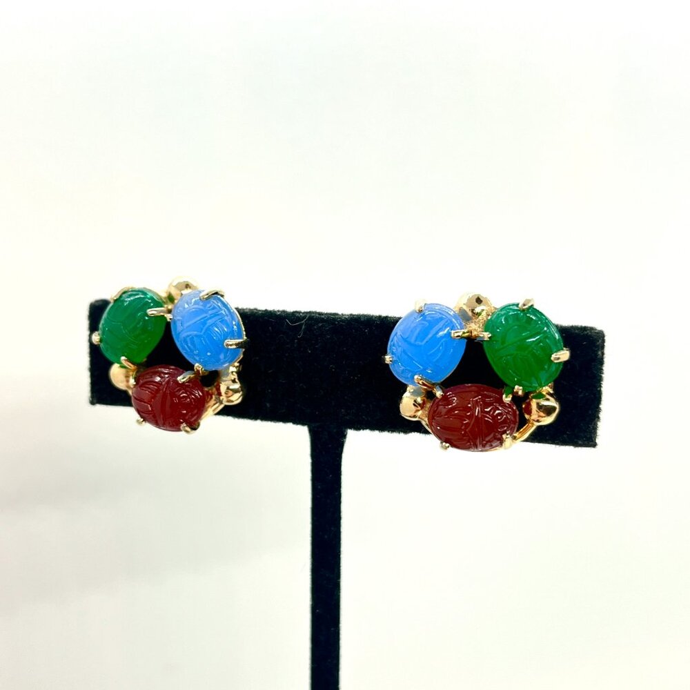 Vintage GLASS SCARAB Earrings Egyptian Revival Gold Tone Screwback - Picture 4 of 13